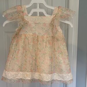 Catherine Malandrino Girls Peach and Cream Floral Lace Dress